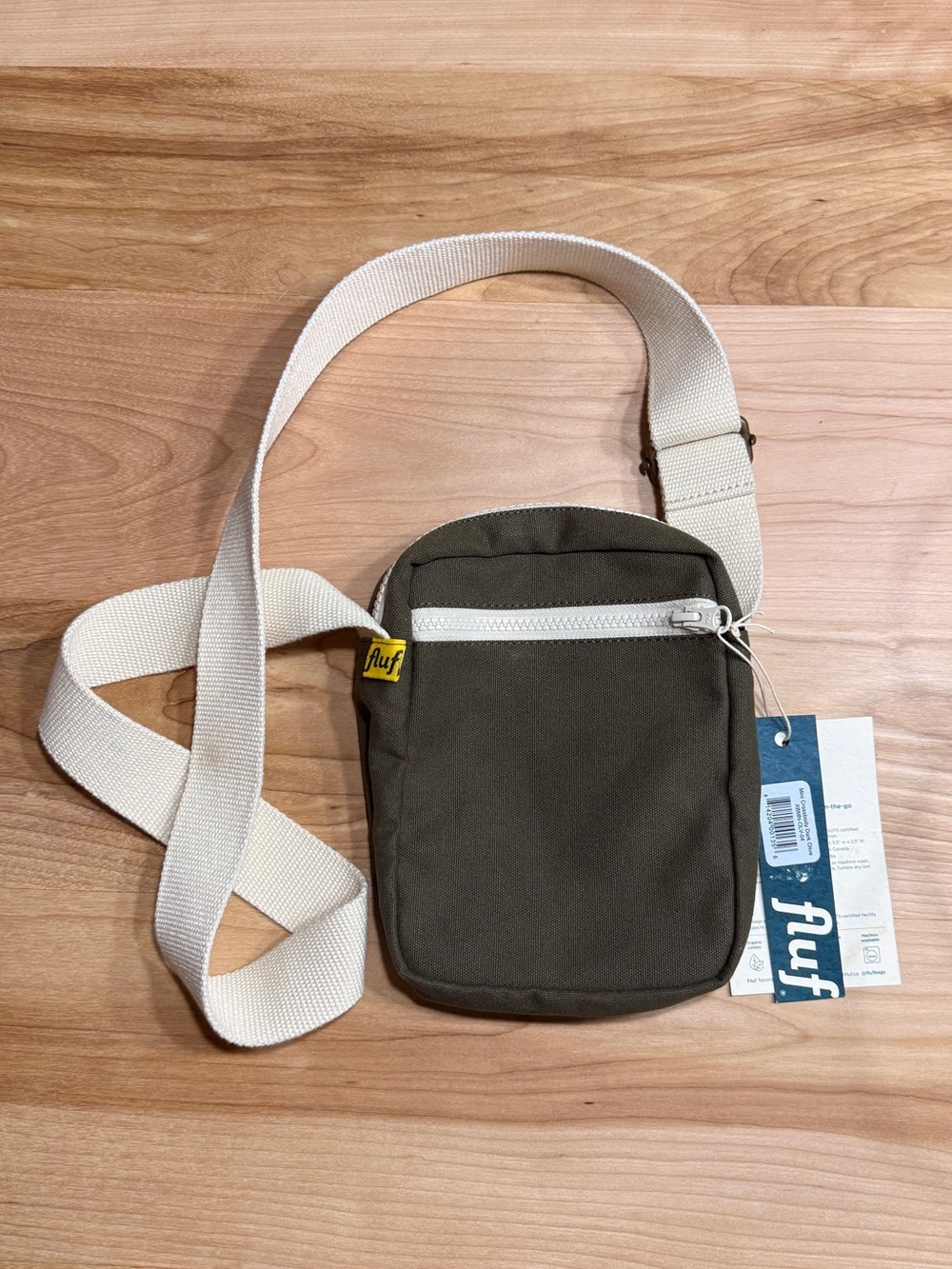 FLUF Olive Crossbody Shoulder Bag with Cream Strap